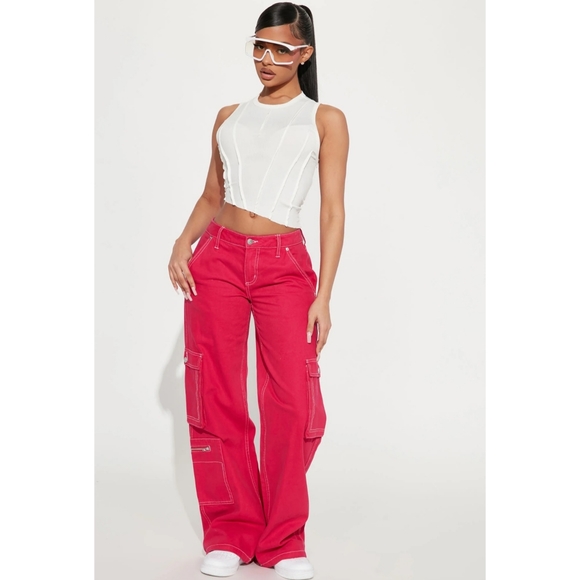 Fashion Nova | No Rules Mid Size Cargo Jeans - Pink - Picture 1 of 4